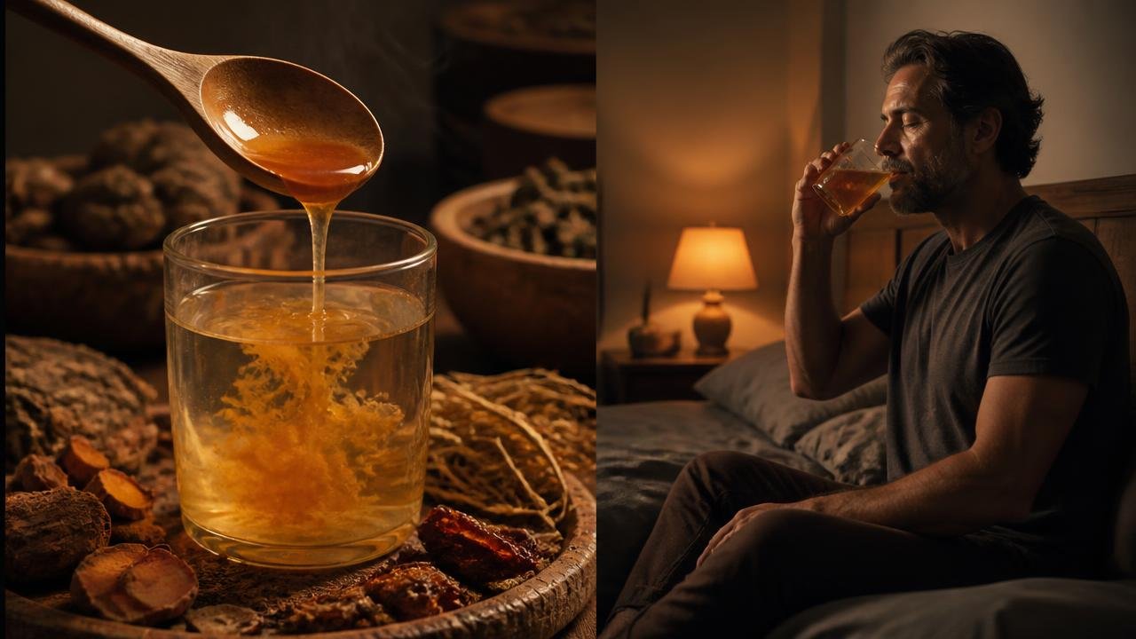 Ritual noturno: mel sendo servido em um copo e homem bebendo antes de dormir